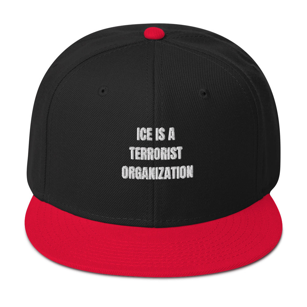Snapback Hat with bold text reading 'ICE IS A TERRORIST ORGANIZATION', structured design, black with red brim.