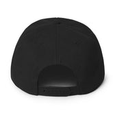 Back view of a black snapback hat showing the plastic snap closure and structured design.