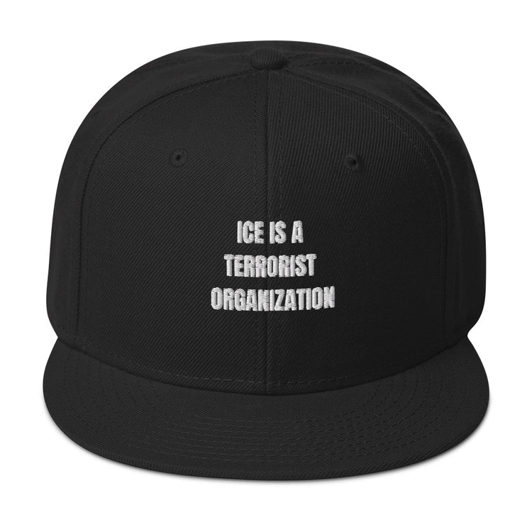 Snapback Hat with statement text "ICE IS A TERRORIST ORGANIZATION" on a flat visor, black structured cap.