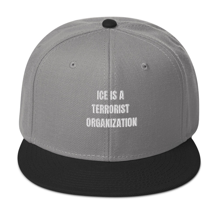 Snapback Hat with bold text "ICE IS A TERRORIST ORGANIZATION" in white on navy background.