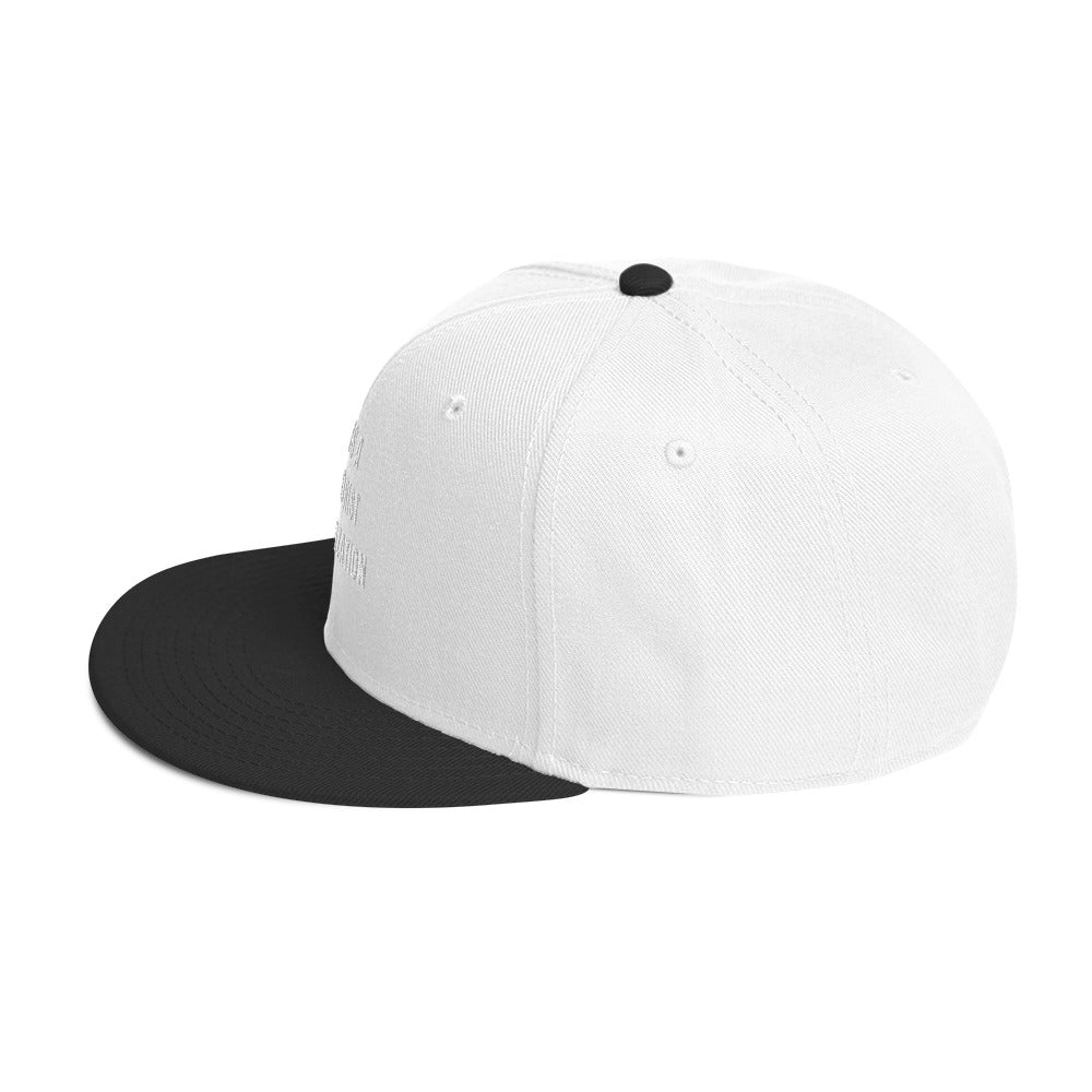 Snapback Hat in navy blue with flat visor and structured design, side view showcasing high-profile style.
