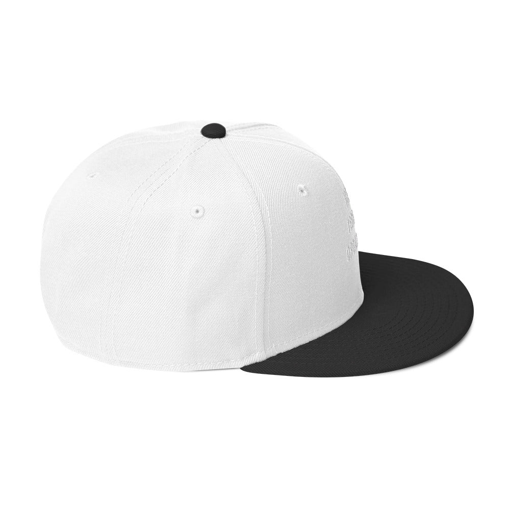 Snapback Hat in navy blue with flat visor and structured design, side view showcasing high-profile style.