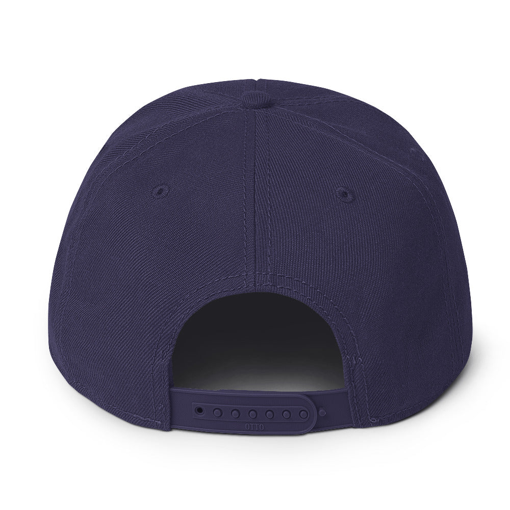 Back view of a structured Snapback Hat in dark blue, showcasing the plastic snap closure and high-profile design.