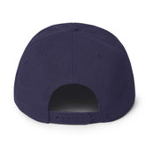 Back view of a structured Snapback Hat in dark blue, showcasing the plastic snap closure and high-profile design.