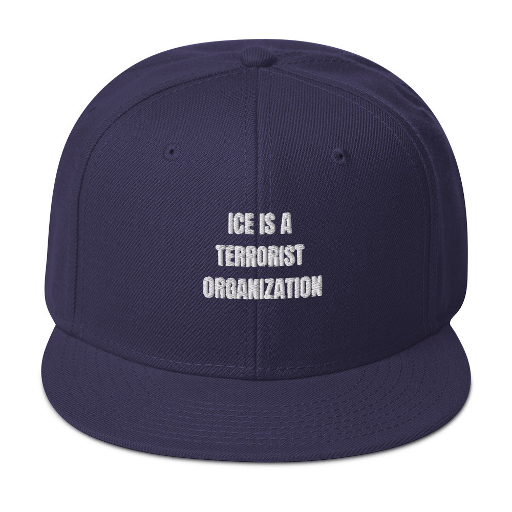 Snapback Hat with bold text "ICE IS A TERRORIST ORGANIZATION" in white on navy background.