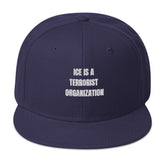 Snapback Hat with bold text "ICE IS A TERRORIST ORGANIZATION" in white on navy background.