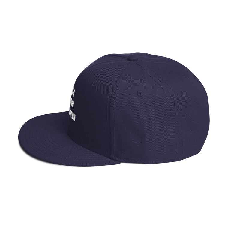 Snapback Hat in navy blue with flat visor and structured design, side view showcasing high-profile style.