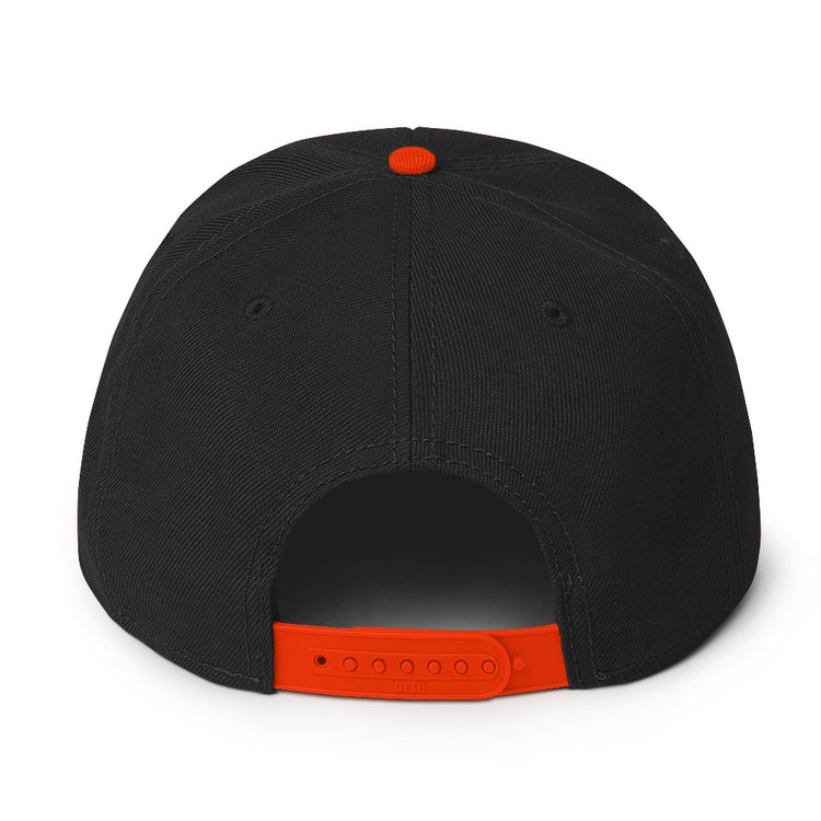 Back view of a Snapback Hat featuring a black body and an orange snap closure for adjustable fit.