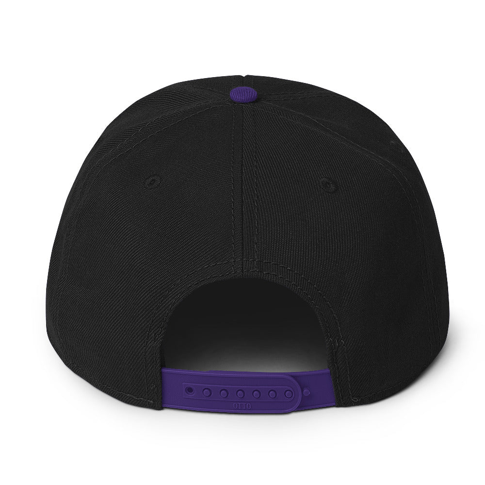 Back view of a black Snapback Hat featuring a purple snap closure and structured design.