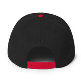 Back view of a Snapback Hat featuring a black design and red snap closure.