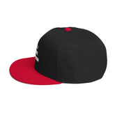 Snapback Hat with a black body and red visor, featuring bold text on the front, perfect for stylish headwear.