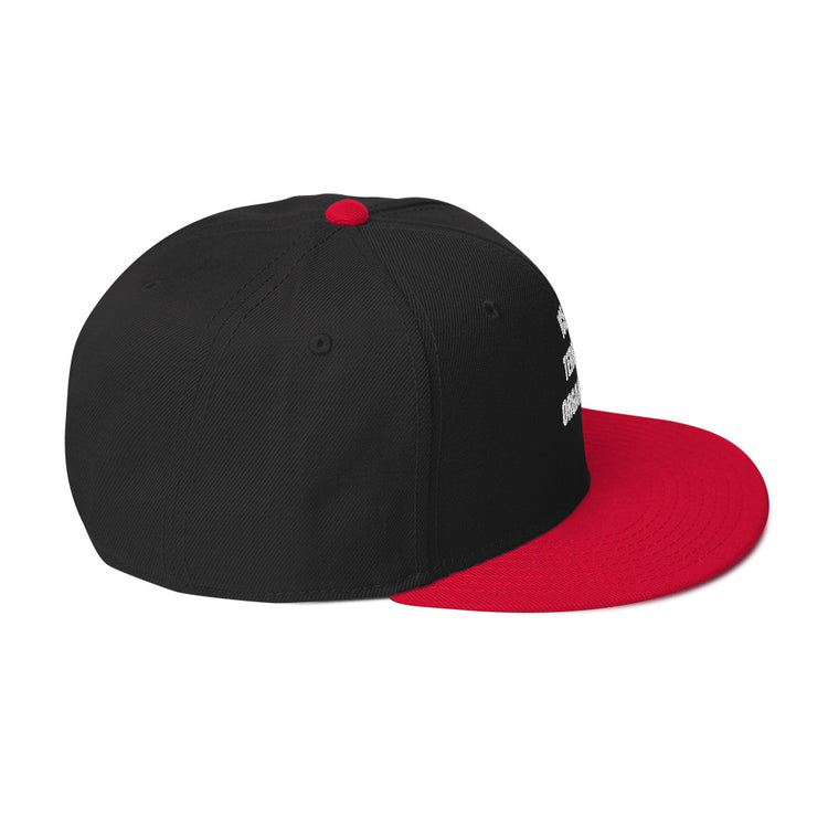 Snapback Hat featuring a black body with a red visor, showing a stylish design and high-profile structure.
